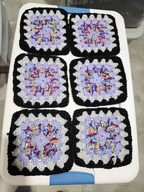 Handmade Crochet Granny Squares - Lavender, Black & Multicolor 6 Pc #4